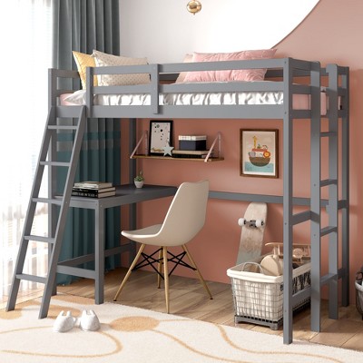 Costway Twin Loft Bed Frame w/Desk Angled and Built-in Ladder Solid Wooden Frame Grey