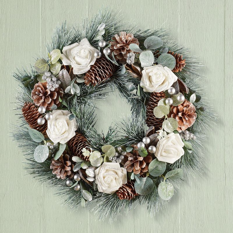 Collections Etc Holiday Winter Rose and Pine Hanging Door Wreath 15" x 3.5" x 15", 2 of 3