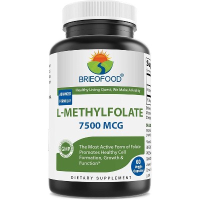 Brieofood Methyl Folate 7500 mcg (7.5 mg) Veggie Capsule, (12500 mcg DFE) - Superior Bioavailability, 60 Count