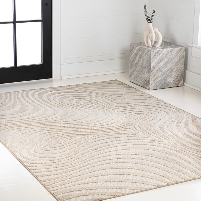Beige and Cream High-Low Striped Rectangular Rug
