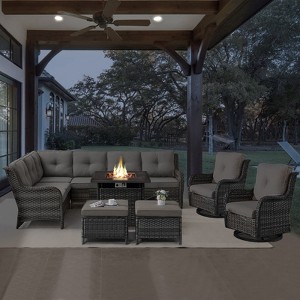 POCASSY 7-Piece Outdoor Furniture Set with Propane Fire Pit Table, Outdoor Living Set with All-Weather Brown Wicker Sectional Sofa and Swivel Chair - 1 of 4