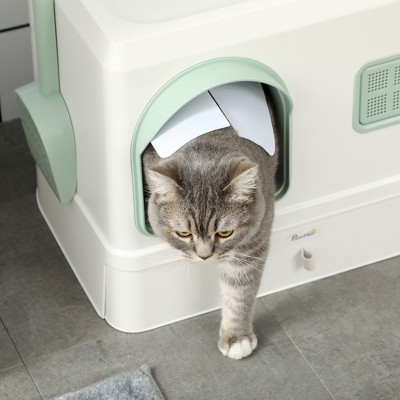 PawHut White and Green Covered Cat Litter Box with Scoop