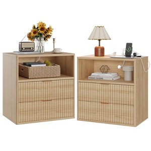 Fluted Farmhouse Nightstand Set of 2 - 23" Mid-Century Modern End Tables with Charging Station (2 Drawers, Wood) for Bedroom/Home Office - 1 of 4