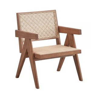 24" Velentina Accent Chair Rattan/Natural Finish - Acme Furniture: Leather Upholstery, Tufted, Wood Composite Frame - 1 of 4