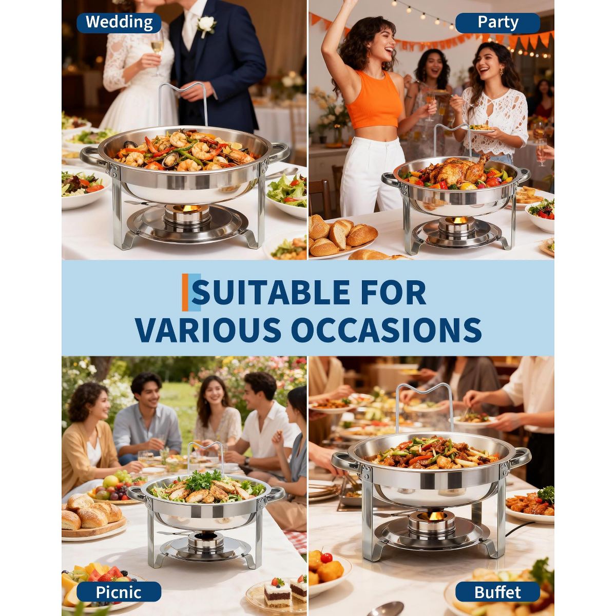 4/6 Pack 5QT Stainless Steel Round Chafing Dish Set, Buffet Food Warmer with Glass Lid, Lid Holder, Drip Tray&Fuel Holder for Party, Wedding, Picnic - thumbnail 2