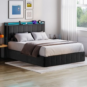 Bed Frame with Lift Up Storage, Upholstered Velvet Bed Frame with Charging Station & Storage Headboard, Sturdy Wooden Slats Support - 1 of 4