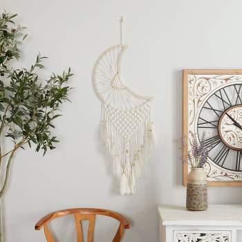 42" x 14" Cotton Macrame Handmade Intricately Woven Dreamcatcher Wall Decor with Beaded Fringe Tassels White - Olivia & May