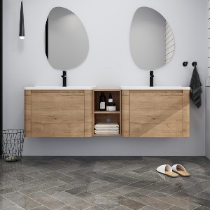 GDFStudio Nibley Wall-Mounted Bathroom Vanity with Ceramic Sink and Storage Shelves - 1 of 4