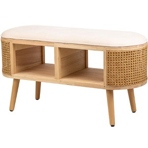 Beige Velvet and Rattan Storage Bench, Exotic Boho ,Upholstery , Entry - 1 of 4