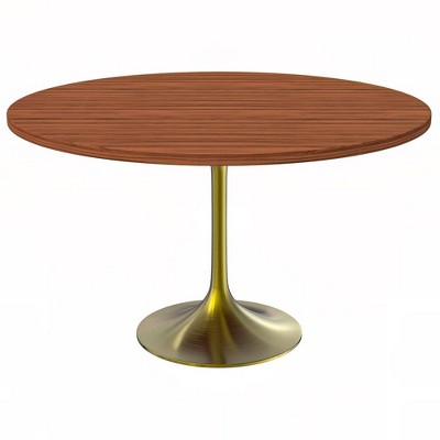 LeisureMod Verve Mid-Century Modern 48" Round Dining Table with MDF Top and Brushed Gold Pedestal Base for Dining Room and Kitchen