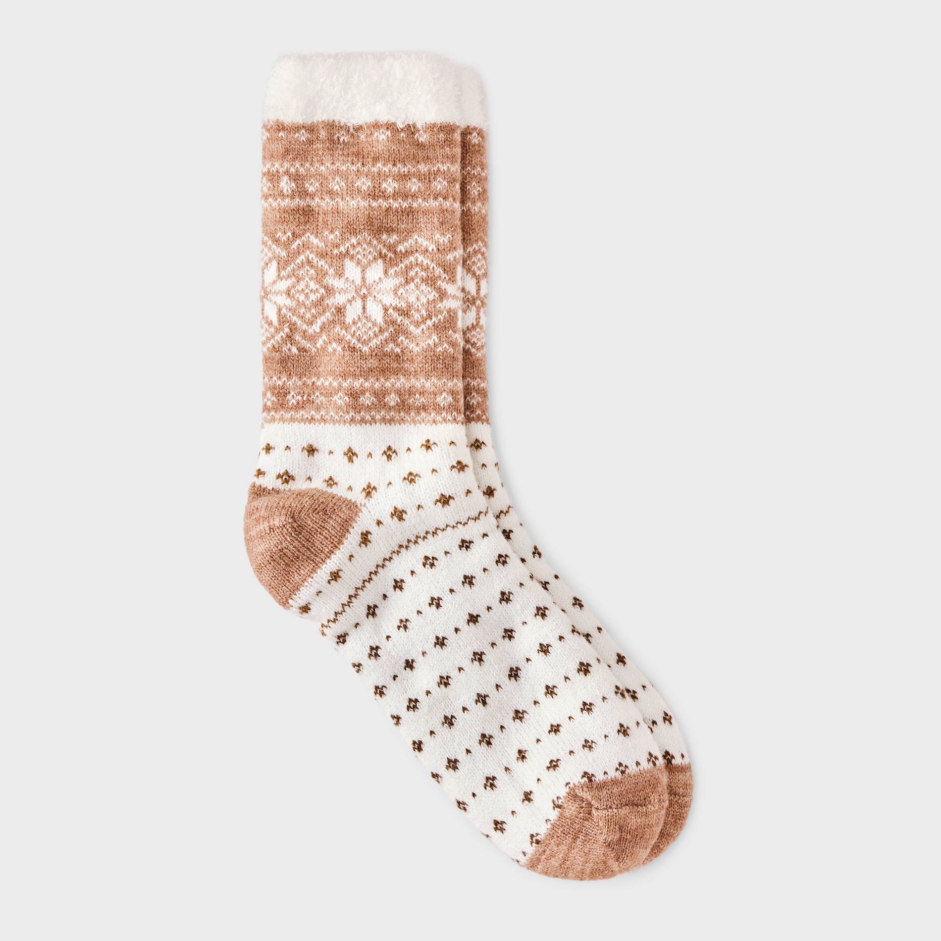 Women's Snowflake Fair Isle Double Lined Cozy Crew Socks - Auden™ Brown/Ivory 4-10
