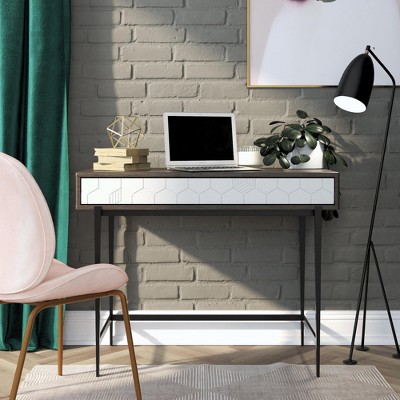 ORRD  Modern Computer Desk with Hidden USB Charging Port & Drawer, Gray Wood Veneer Office Desk, Affordable