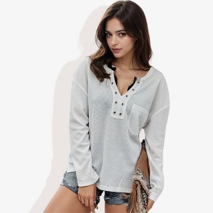 Anna-Kaci Women's Rivet Detail Notched V-Neck Textured Pocket Detail Pullover Top - 1 of 4