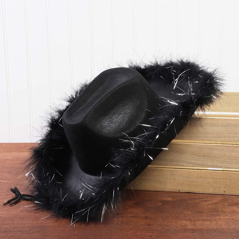 Juvolicious Cowboy Hats for Women and Men - Fluffy, Sparkly Black Cowgirl Hat with Feathers for Costume, Birthday, Party, 3 of 9