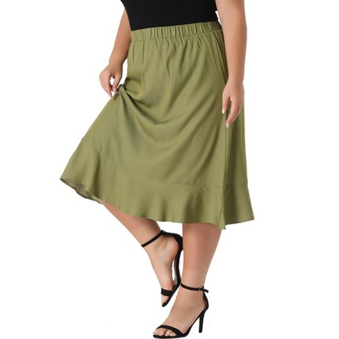 Agnes Orinda Women s Plus Size Midi Elastic Waist Denim Tiered Pleated Hem Chambray Skirts Olive Green 1X