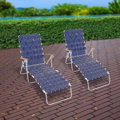 Blue and White Steel Frame Folding Chaise Lounge Chairs with Fixed Arms, 2 Pack