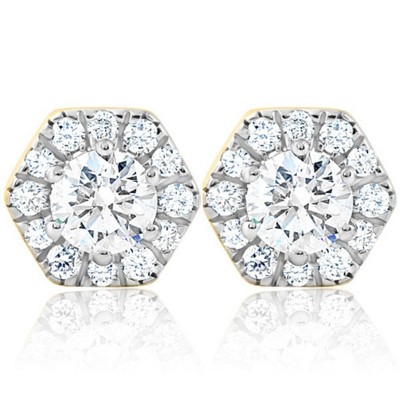 Pompeii3 1Ct TW Diamond Studs Hexagon Halo Lab Created Earrings White or Yellow Gold