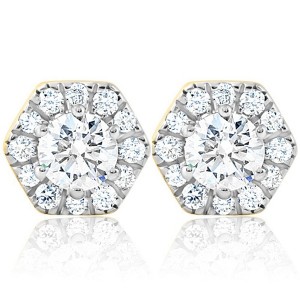 Pompeii3 1Ct TW Diamond Studs Hexagon Halo Lab Created Earrings White or Yellow Gold - 1 of 3