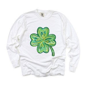 Simply Sage Market Women's Four Leaf Clover Watercolor Long Sleeve Garment Dyed Tee - 1 of 3