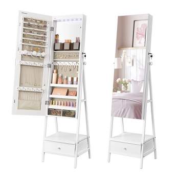SONGMICS LED Jewelry Cabinet Standing Lockable Jewelry Armoire with Full-Length Mirror Jewelry Organizer Box