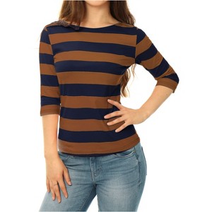 INSPIRE CHIC Women's Stripes Casual Basic Elbow Sleeves Boat Neck Slim Fit T-Shirts - 1 of 4