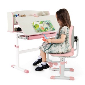 Infans Kids Desk and Chair Set Height Adjustable Children School Study Table & Chair Student Writing Table School Desk for Boys Girls Bedroom Pink - 1 of 4