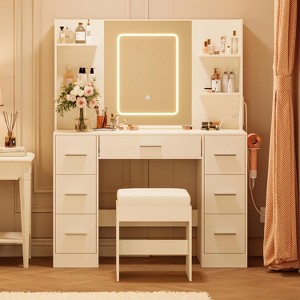 Vanity Desk with Mirror, LED Lights, Power Outlet & Stool, Makeup Vanity Table Set with 7 Drawers, 6 Shelves & 3 Color Modes for Bedroom - 1 of 4