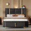 Okak Queen Platform Bed Frame with LED Lights and USB Charger No Box Spring Needed Upholstered Bed with Gold Decoration and Trundle - 2 of 4
