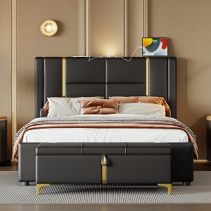 Okak Queen Platform Bed Frame with LED Lights USB Charger & 2 Drawers No Box Spring Needed Upholstered Bed with Gold Decoration & Trundle - 1 of 4