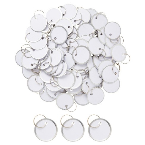 Juvale 100-Pack Paper Key Tags with Metal Rings - 1.2 Inch Round Rimmed  Split Keychain with Blank Labels (White)