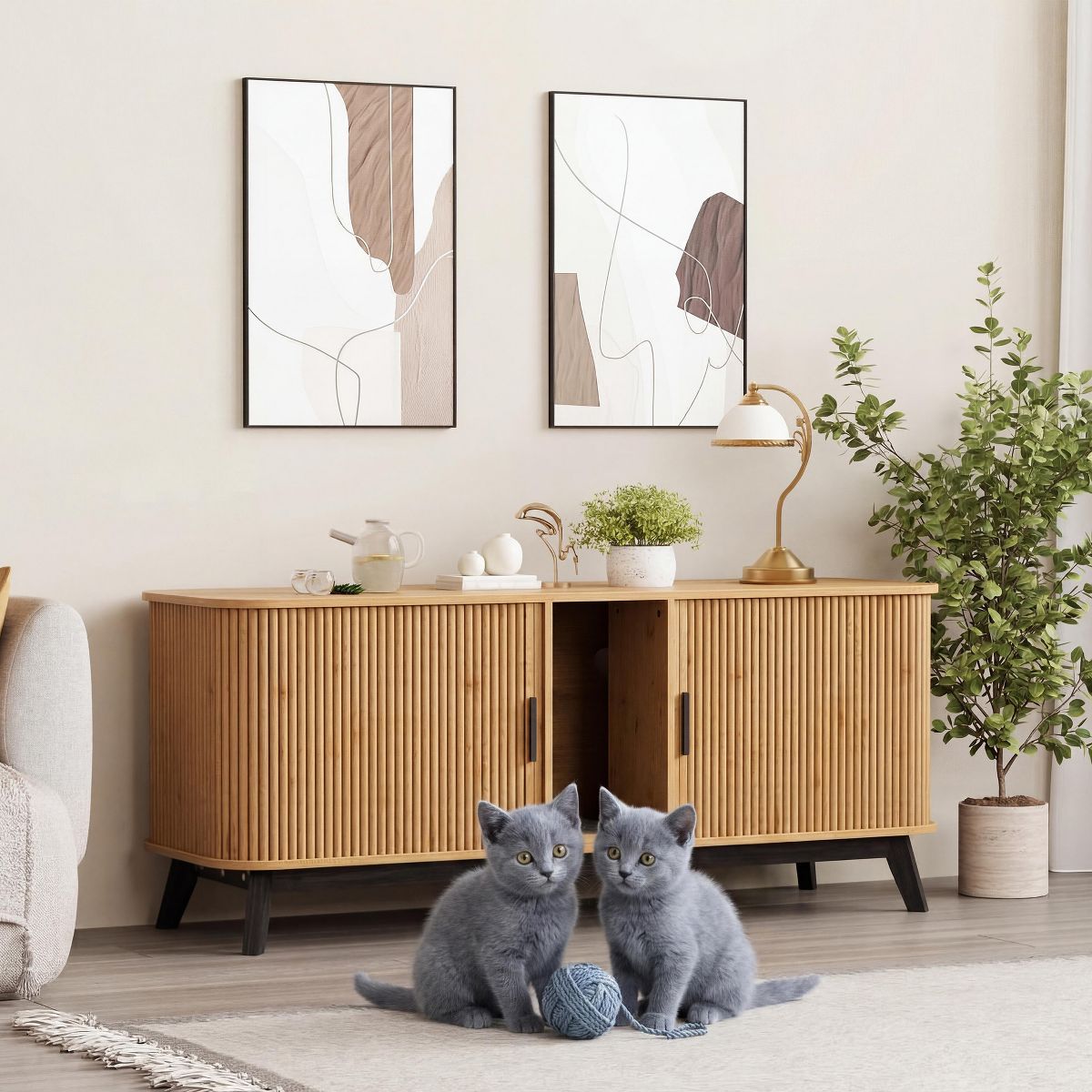59" Cat Litter Box Enclosure for 2 Cats,Hidden Litter Boxes Furniture with Sliding Door and Cat Mat,Large Indoor Pet House Wooden TV Stand Side Table