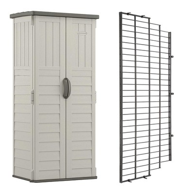 Suncast Vertical Storage Shed Building Bundled w/ Metal Wire Shelf Rack Shelving