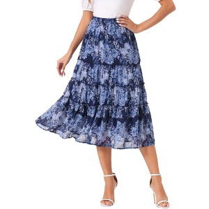 INSPIRE CHIC Women's Floral Elastic Waist Tiered Ruffle Boho Midi Skirts - 1 of 4