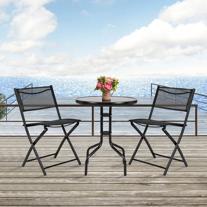 Tangkula 3-Piece Patio Bistro Dining Furniture Set, Outdoor Patio Conversation Set with Round Black Tempered Glass Tabletop and 2 Folding Chairs, 4 of 10