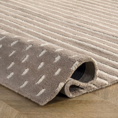 Beige and White Wool Striped Handmade Rectangular Rug 4' x 6'