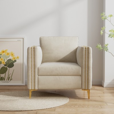 Akoasm Modern Upholstered Velvet Accent Sofa Armchair With Metal Legs For Hotel Living Room & Bedroom-Beige