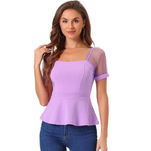 INSPIRE CHIC Women's Square Neck Mesh Sheer Short Sleeve Peplum Tops - 1 of 4