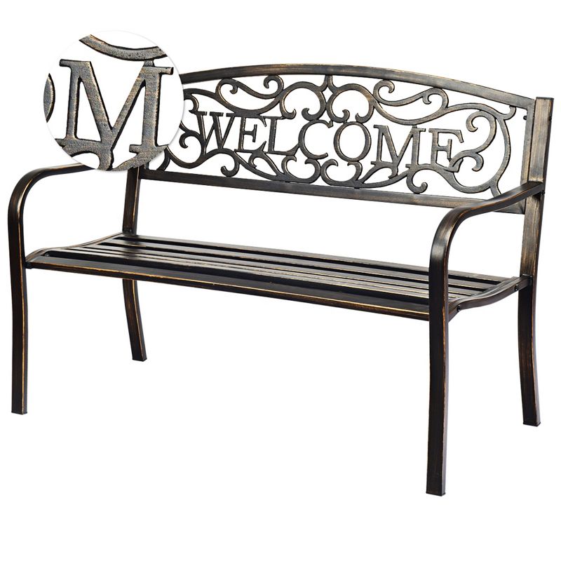 Tangkula Antique Metal Garden Bench Patio Park Outdoor w/ Armrest Welcome Pattern, 4 of 7
