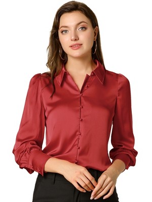 INSPIRE CHIC Women's Puff Long Sleeve Point Collar Vintage Button Work Satin Shirt