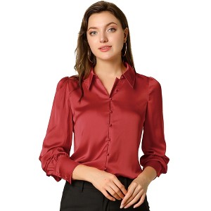 INSPIRE CHIC Women's Puff Long Sleeve Point Collar Vintage Button Work Satin Shirt - 1 of 4