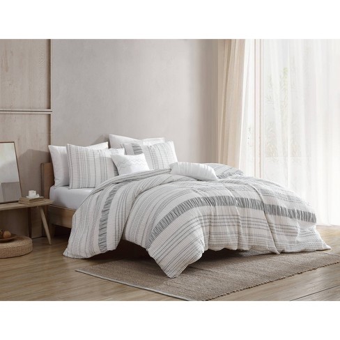 5pc Full/queen Clipped Stripe Poms Comforter Bedding Set Gray