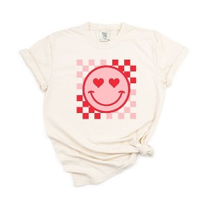 Simply Sage Market Women's Checkered Heart Eyes Smiley Short Sleeve Garment Dyed Tee - 1 of 3