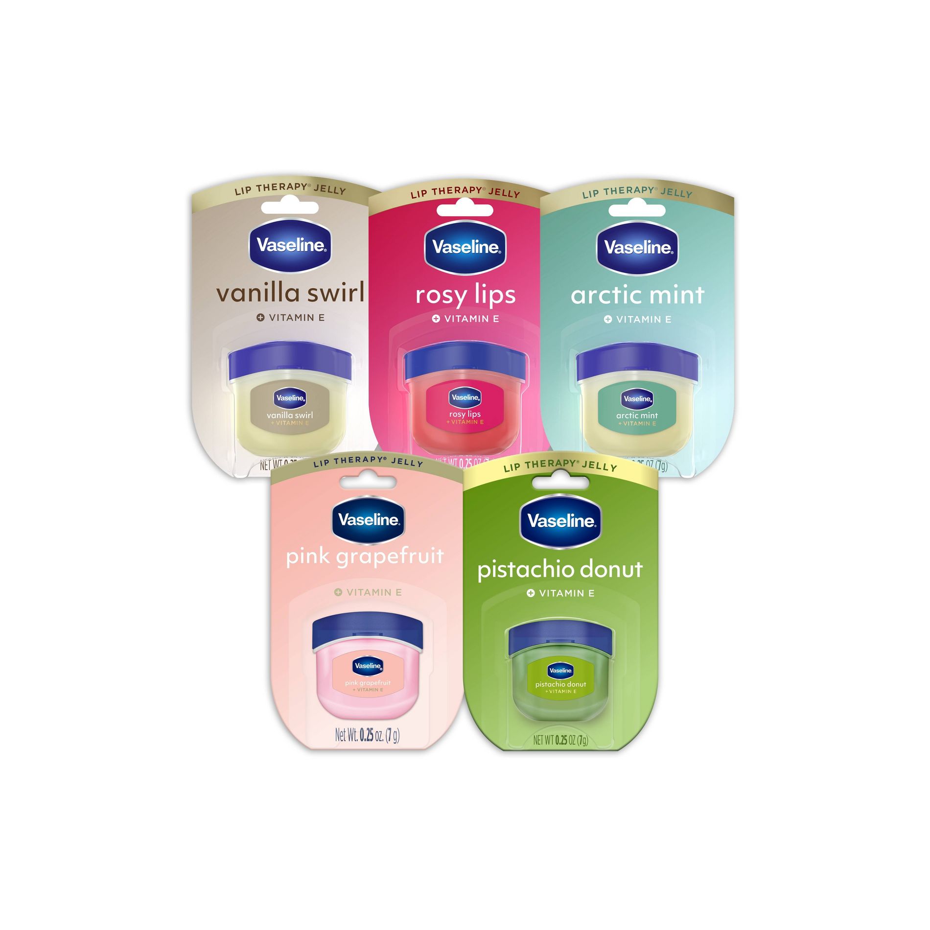 Vaseline Lip Therapy Mini Lip Balm - Travel Size - 0.25oz EACH Vanilla Swirl + Pistachio Donut + Rosy + Pink Grapefruit + Arctic Mint