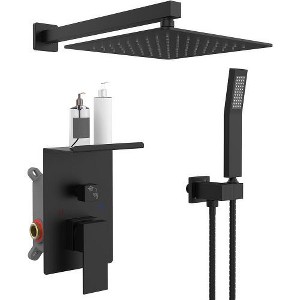 Rainfall Shower System, 10" Square Head, Storage Rack, Brushed Nickel, Wall-Mounted. - 1 of 4