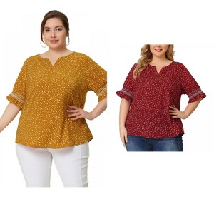 Women's Plus Size 2 Pieces Floral Boho Polka Dots Short Sleeve Cute Smocked Spring Blouses - Agnes Orinda - 1 of 4