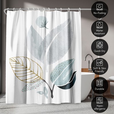 White and Gold Botanical Polyester Shower Curtain, 71" x 74"
