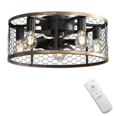 20'' Farmhouse Flush Mount Caged Ceiling Fans with Light and Remote Rustic Low Profile Fandelier Industrial Bladeless Ceiling Fans for Kitchen Bedroom