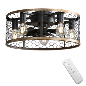 20'' Farmhouse Flush Mount Caged Ceiling Fans with Light and Remote Rustic Low Profile Fandelier Industrial Bladeless Ceiling Fans for Kitchen Bedroom - 1 of 4