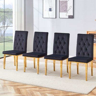 Vynxaria Set of 4 Black Velvet Dining Chairs with Gold Metal Legs