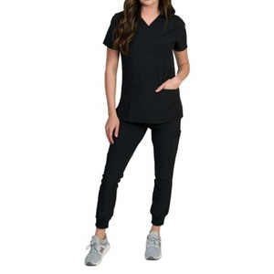 Medgear Fleur Women's Stretch Scrub Set with Zip Chest Pocket Top and Knit Rib Cuffs Jogger Pants - 1 of 4